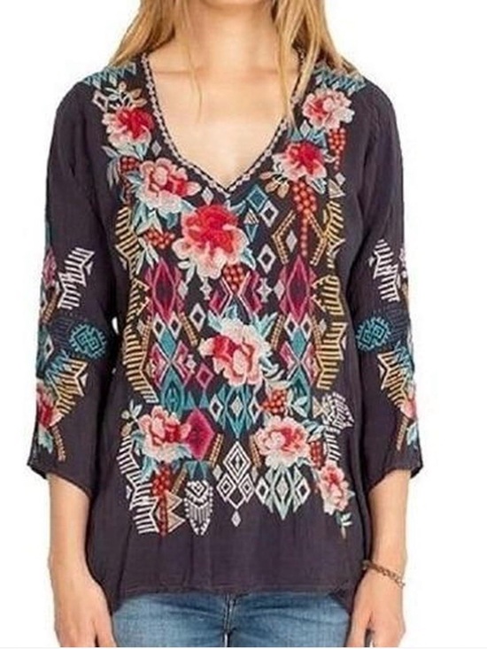 Johnny Was Tops - Johnny Was Black Tunic w/Red & Pink Floral Embroidery 3/4 Sleeves Small/Medium